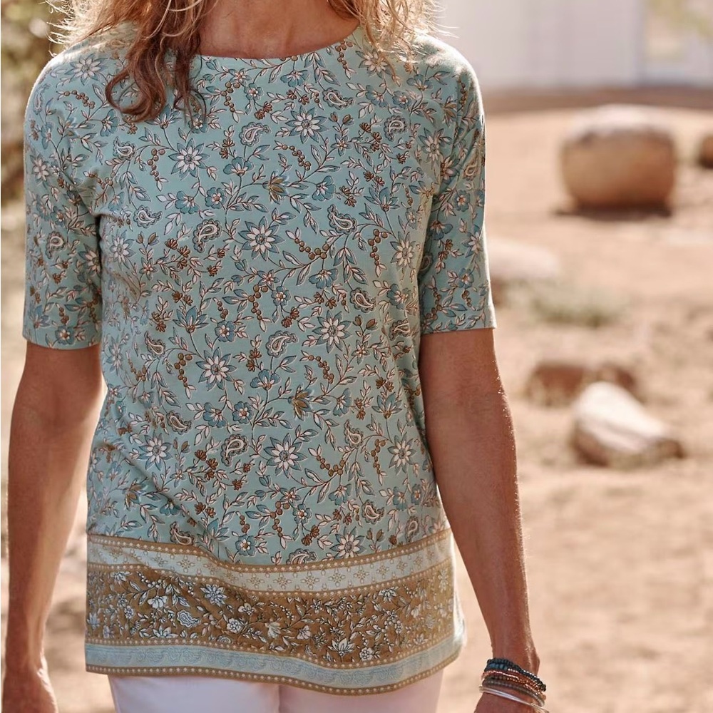 J Jill Luxe Supima Floral Print BoHo Elbow Sleeve Tee T-shirt Top - Picture 3 of 15